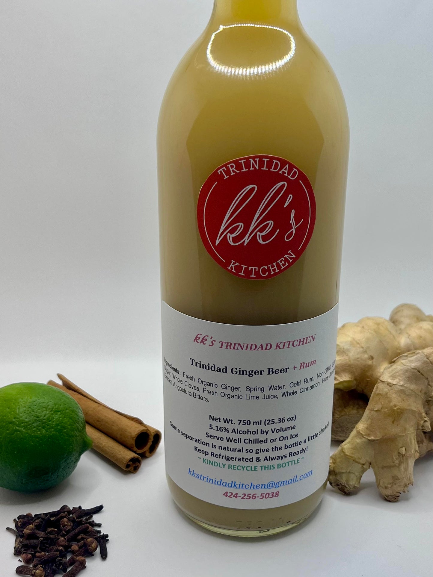 KK's Trinidad Ginger Beer with Rum bottle and ingredients