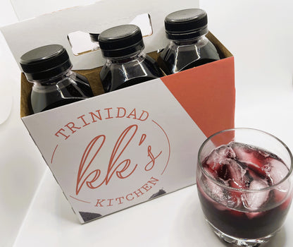 KK's Trinidad Sorrel 6-pack with glass of sorrel drink