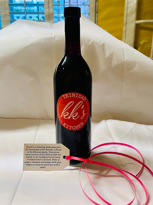 KK's Trinidad Kitchen handcrafted Sorrel drink bottle with logo tag